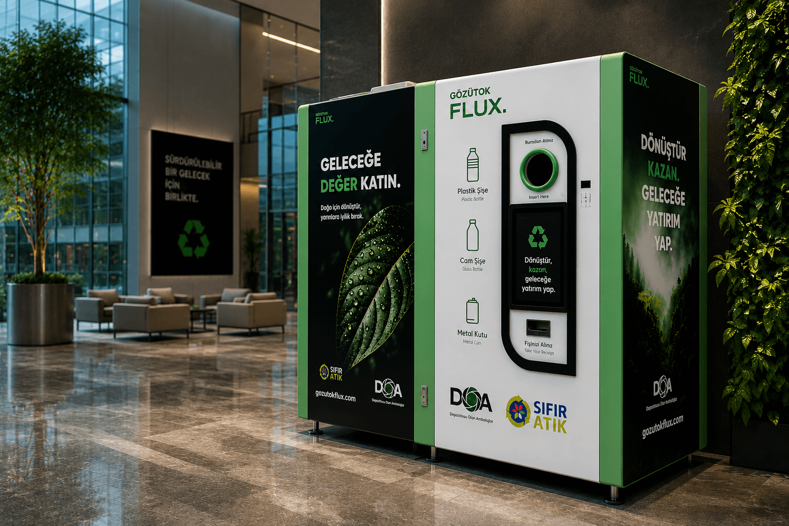GÖZÜTOK FLUX depozito iade makinesi kurumsal bir lobide