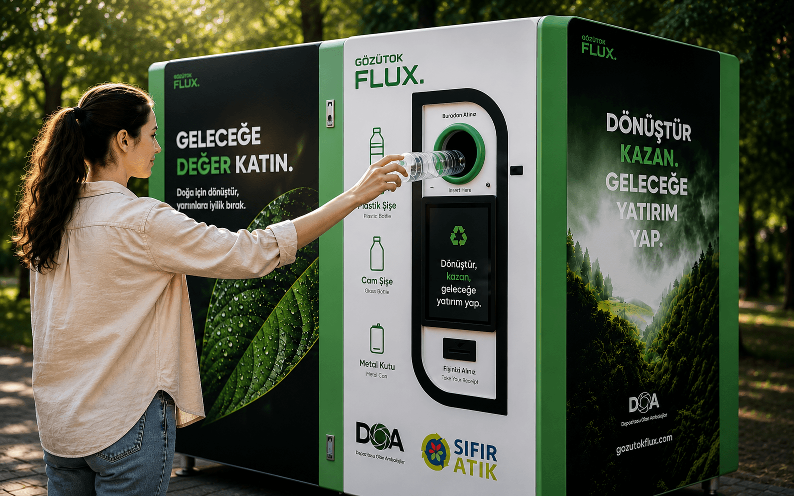 Bir kullanıcı GÖZÜTOK FLUX depozito iade makinesine plastik şişe bırakıyor